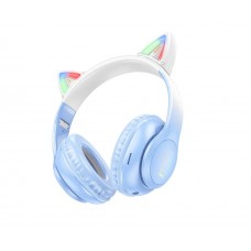Bluetooth наушники накладные Hoco w42 cat ear с подсветкой голубые