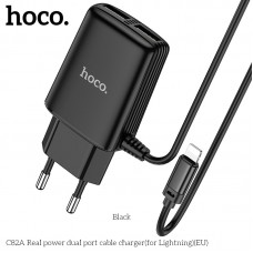 Блок зарядный со встроенным кабелем Lightning - HOCO C82A Real power + 2 USB 12W 2.4A черный