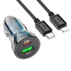 Адаптер авто + кабель Type-C to Lightning  - HOCO Transparent Discovery Edition dual port Z47A черные
