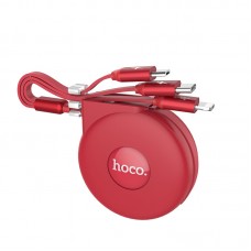 Кабель Hoco combo retractable Micro USB+Lightning+Type-C U50 тройной рулетка красный