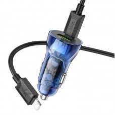 Адаптер авто + кабель Type-C to Lightning  - HOCO Z47A Transparent Discovery Edition синие