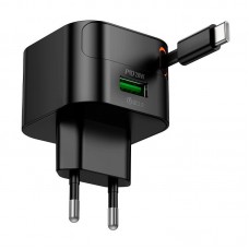 Адаптер сетевой со встроенным кабелем USB-C HOCO C154A Changer PD charger with telescopic cable 20W black Адаптер сетевой со встроенным кабелем USB-C HOCO C154A Changer PD charger with telescopic cable 20W black