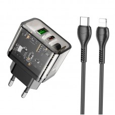 Мережевий зарядний пристрій з кабелем HOCO N34 Dazzling dual-port PD20W+QC3. 0 charger set(C to iP) Transparent чорний Мережевий зарядний пристрій з кабелем HOCO N34 Dazzling dual-port PD20W+QC3. 0 charger set(C to iP) Transparent чорний