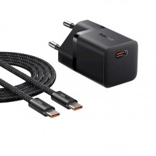 Мережевий зарядний пристрій з кабелем Baseus GaN5 Fast Charger (mini) 1C 25W EU Cluster чорний (with: Fast Charging Data Cable Мережевий зарядний пристрій з кабелем Baseus GaN5 Fast Charger (mini) 1C 25W EU Cluster чорний (with: Fast Charging Data Cable