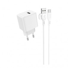 Мережевий зарядний пристрій BOROFONE BAS11A Erudite single port 1USB/2.1A+ Cable Type-C білий