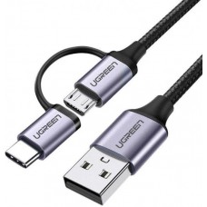 Двойной Кабель зарядный Ugreen US177 Micro USB 2.4A + Type-C 3A с алюминиевым корпусом 1М чорный (30875)