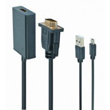 Переходник VGA (M) - HDMI (F), Cablexpert, черный, 15 см, 3.5 мм для передачи звука, microUSB для дополнительного питания