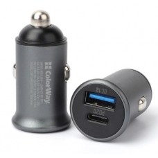 Автомобильное зарядное устройство ColorWay, черный, 1xUSB/QC3.0, 1xUSB-C/PD, 3A (CW-CHA029PD-GR)