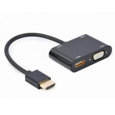 Переходник HDMI (M) - HDMI (F) / VGA (F), Cablexpert, черный, 15 см, 3.5 мм для передачи звука, microUSB для дополнительного