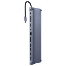 Док-станция Cablexpert 9-в-1, Grey, Type-C: 1xUSB 3.1, 2xUSB 2.0, 1xHDMI, 1xVGA, 1xType-C (87 Вт), 1xLan, 1xSD, 1xTF (microSD),