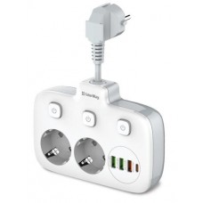Фильтр сетевой ColorWay, 2 розетки, 2.5 см, белый, 1xType-C (20 Вт) / 3xUSB (18 Вт / 2x12 Вт), 10А, провод из меди (до 2500 Вт),