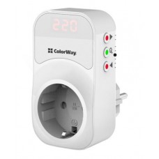 Реле напряжения ColorWay DS1, белый, 1 розетка (220 В / 50 Гц), до 16 A / 3520 Вт, диапазон от 150-210 В до 230-280 В, цифровой