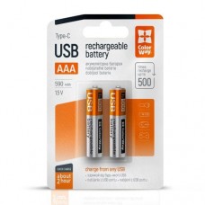 Аккумулятор AAA, 590 mAh, ColorWay, 2 шт, 1.5V, Type-C (5V, 250 mA), Li-Pol (CW-UBAAA-09)