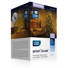 Гирлянда светодиодная ColorWay 'Каскад', 126 LED, белый (теплый цвет), 9x1.5 м, 8 функций, питание от USB (3.6 Вт), прозрачный