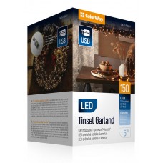 Гирлянда светодиодная ColorWay 'Мишура', 150 LED, белый (теплый цвет), 5 м, 8 функций, питание от USB (6 Вт), IP44, черный кабель