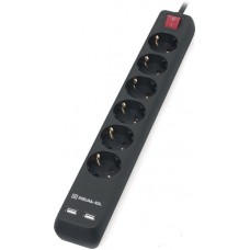 Фильтр сетевой REAL-EL RS-6 Protect USB, 6 розеток, 5 м, черный, 2xUSB (2.1A), 16А, до 3.68 кВт, выключатель, заземление, 3x1.5