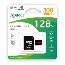Карта памяти microSDXC, 128Gb, Apacer R100, Class10 UHS-I U1 V10 A1, SD адаптер, до 100 МБ/с (AP128GMCSX10UB-R)