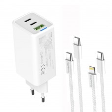 Сетевое зарядное устройство ColorWay, белый, 65 Вт, GaN, 2xType-C (65 Вт / 20 Вт, PD3.0) / 1xUSB (18 Вт, QC4.0), Auto ID, кабель Сетевое зарядное устройство ColorWay, белый, 65 Вт, GaN, 2xType-C (65 Вт / 20 Вт, PD3.0) / 1xUSB (18 Вт, QC4.0), Auto ID, кабель