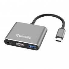 Хаб USB ColorWay '3-in-1', Grey, Type-C 3.0 - 1xType-C 3.0 (100 Вт) / 1xUSB 3.0 / HDMI 4K, кабель 17 см, алюминиевый корпус