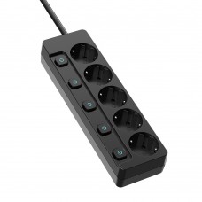 Фильтр сетевой ColorWay, 5 розеток, 5 м, черный, 16А, до 3.5 кВт, индивидуальный выключатель, заземление, 3x1.5 мм? (CW-PSEA55SBK)