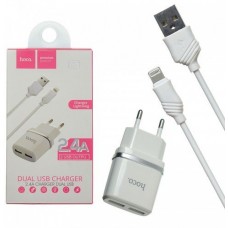 Адаптер питания 2 USB Hoco C12 + Юсб кабель для iPhone набор белый 6957531047766