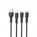Кабель тройной 3 в 1 XO NB230 - USB-C + Lightning + microUSB комбо шнур черный