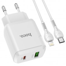 Адаптер сетевой HOCO Type-C to Lightning Cable Favor dual port N5 |1USB/1Type-C, PD20W/QC3.0, 3A| (Safety Certified)