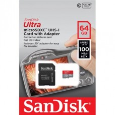 Карта памяти SanDisk 64GB microSDHC C10 UHS-I R100MB/s Ultra + SD (SDSQUNR-064G-GN3MA)