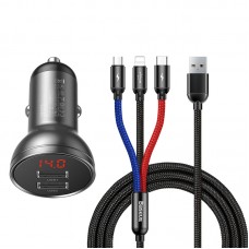 Автомобильный комплект адаптер и кабель 3-в-1 BASEUS Digital Display Dual 24w + Lightning / Micro / Type-C cable